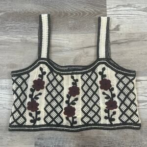 Things I Like Things I Love Floral Crochet Corset Tank Cream Black Boho 70s